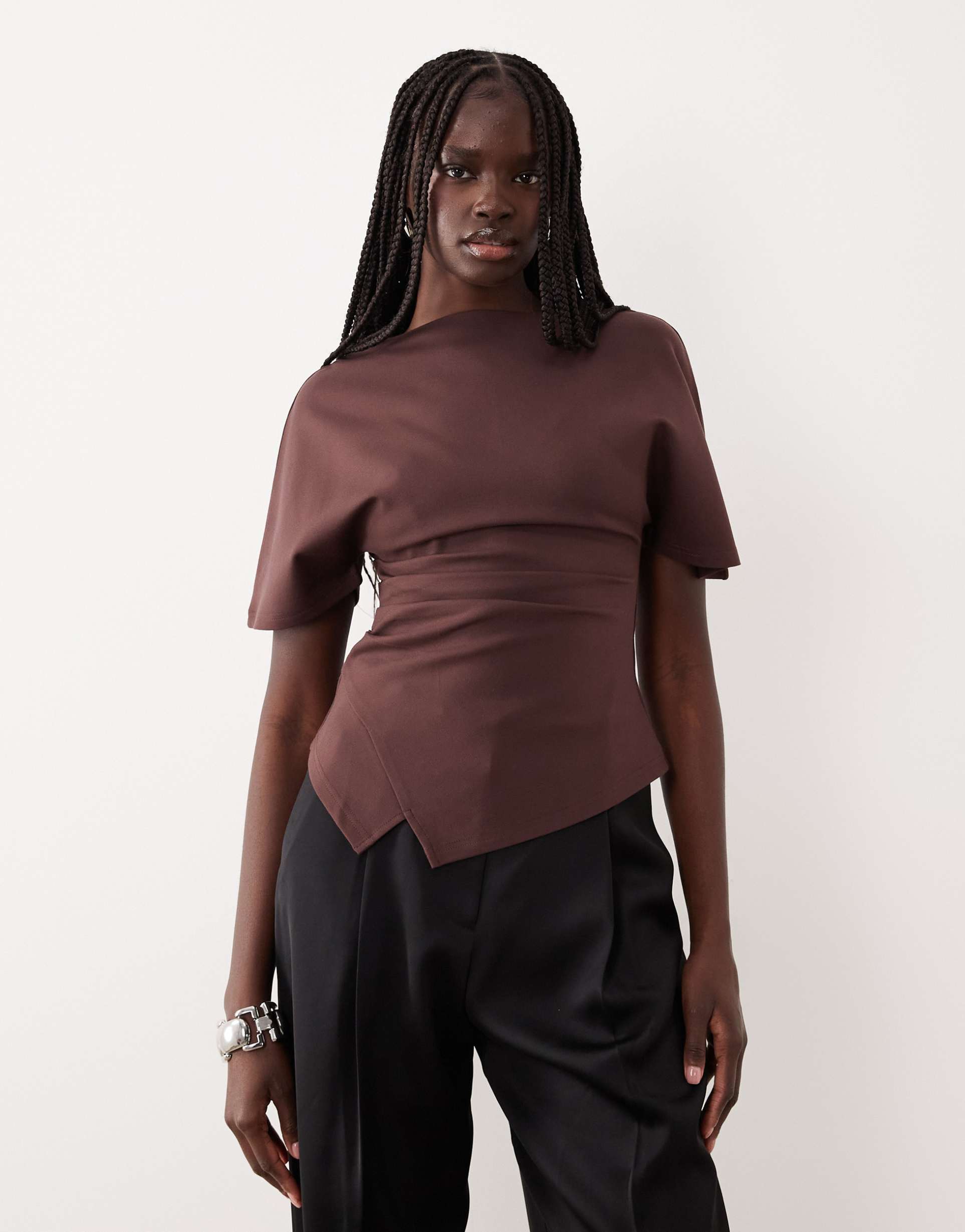 pretty lavish structured jersey pleat detail top in brown - part of a set