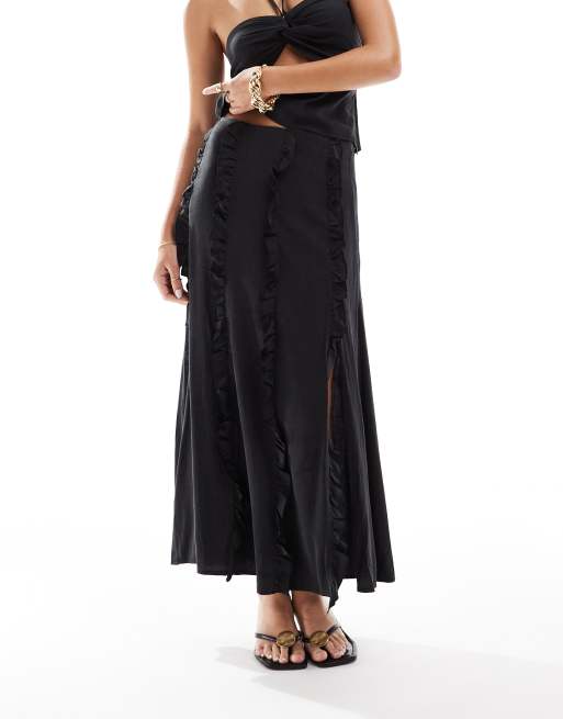 Pretty Lavish – Strukturierter Maxirock in Schwarz mit Rüschen, Kombiteil, 3 von 5
