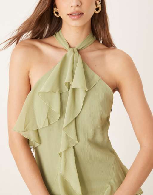 Pretty Lavish – Strukturiertes Chiffon-Maxikleid in Olivgrün mit Rüschen, 2 von 4