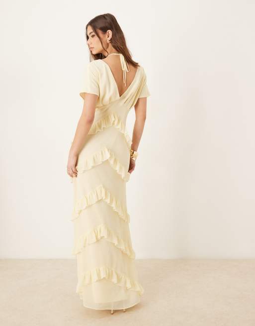 Pretty Lavish – Strukturiertes Chiffon-Maxikleid in Zitronengelb mit Rüschen, 3 von 4