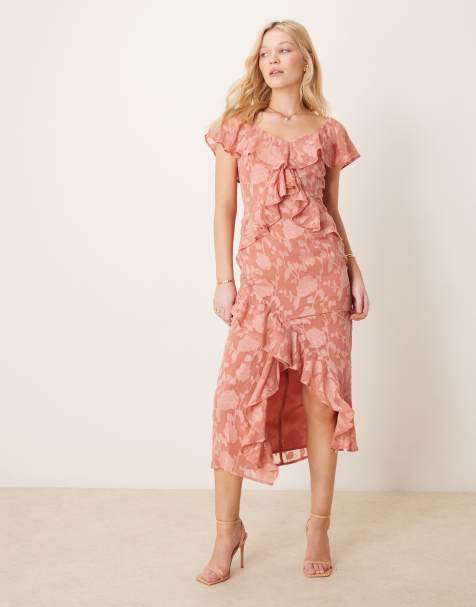 Pretty Lavish ruffle jacquard midaxi dress in terracotta