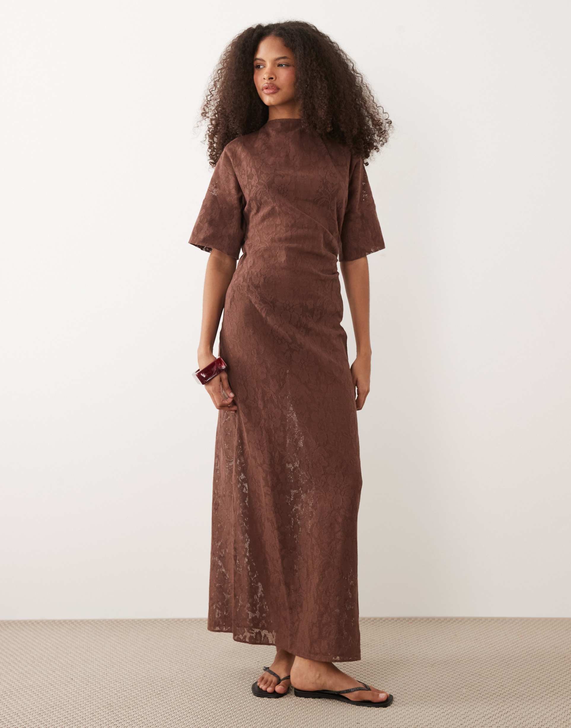 pretty lavish suvi crochet t-shirt maxi dress in brown