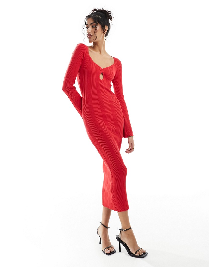 Pretty Lavish sweetheart neck knitted midi dress in red