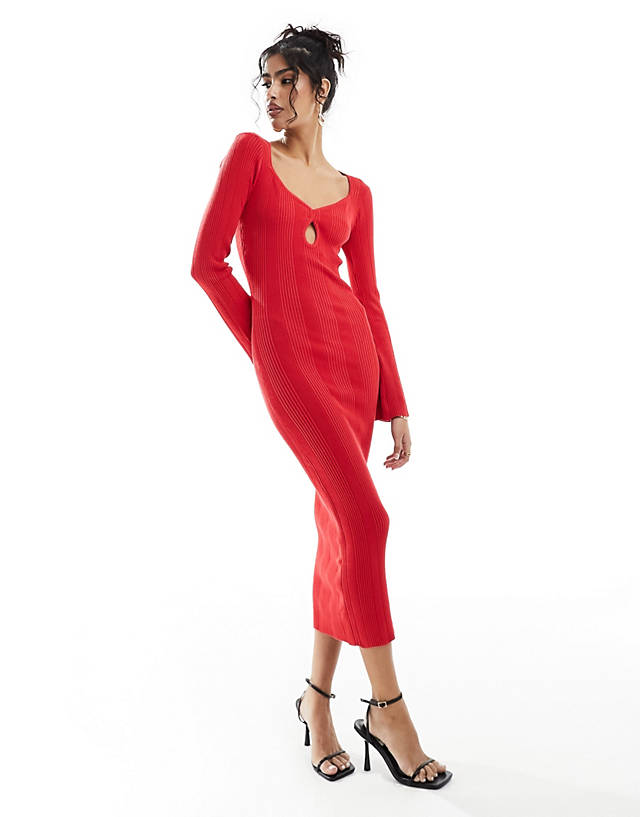 Pretty Lavish - sweetheart neck knitted midi dress in red