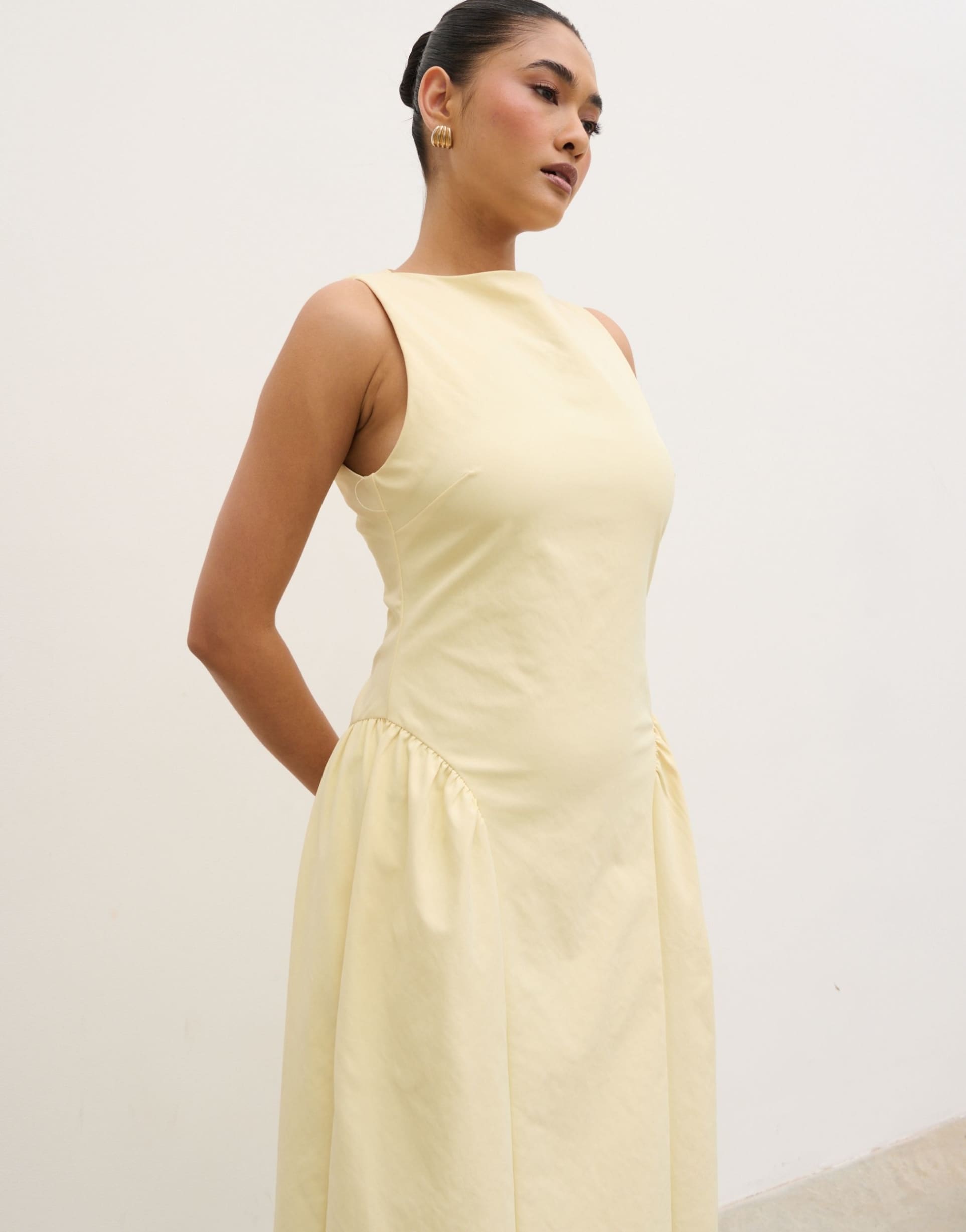 pretty lavish sylvie slash neck hip detailing midaxi dress in lemon