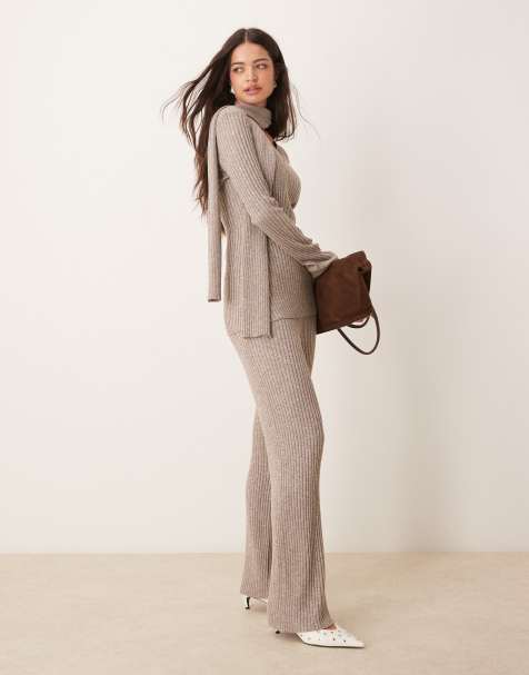Pretty Lavish ribbed knit trouser co-ord in grey