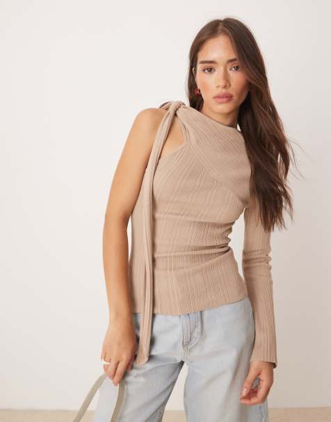 Pretty Lavish asymmetric sparkle knit top in taupe