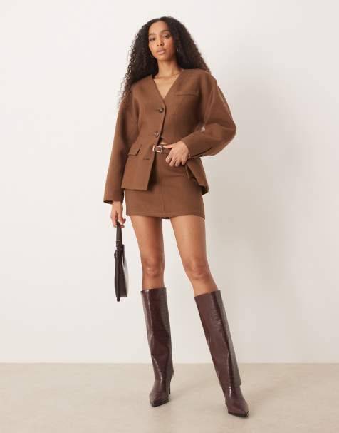 Pretty Lavish tailored belted mini skirt co-ord in brown - view 1