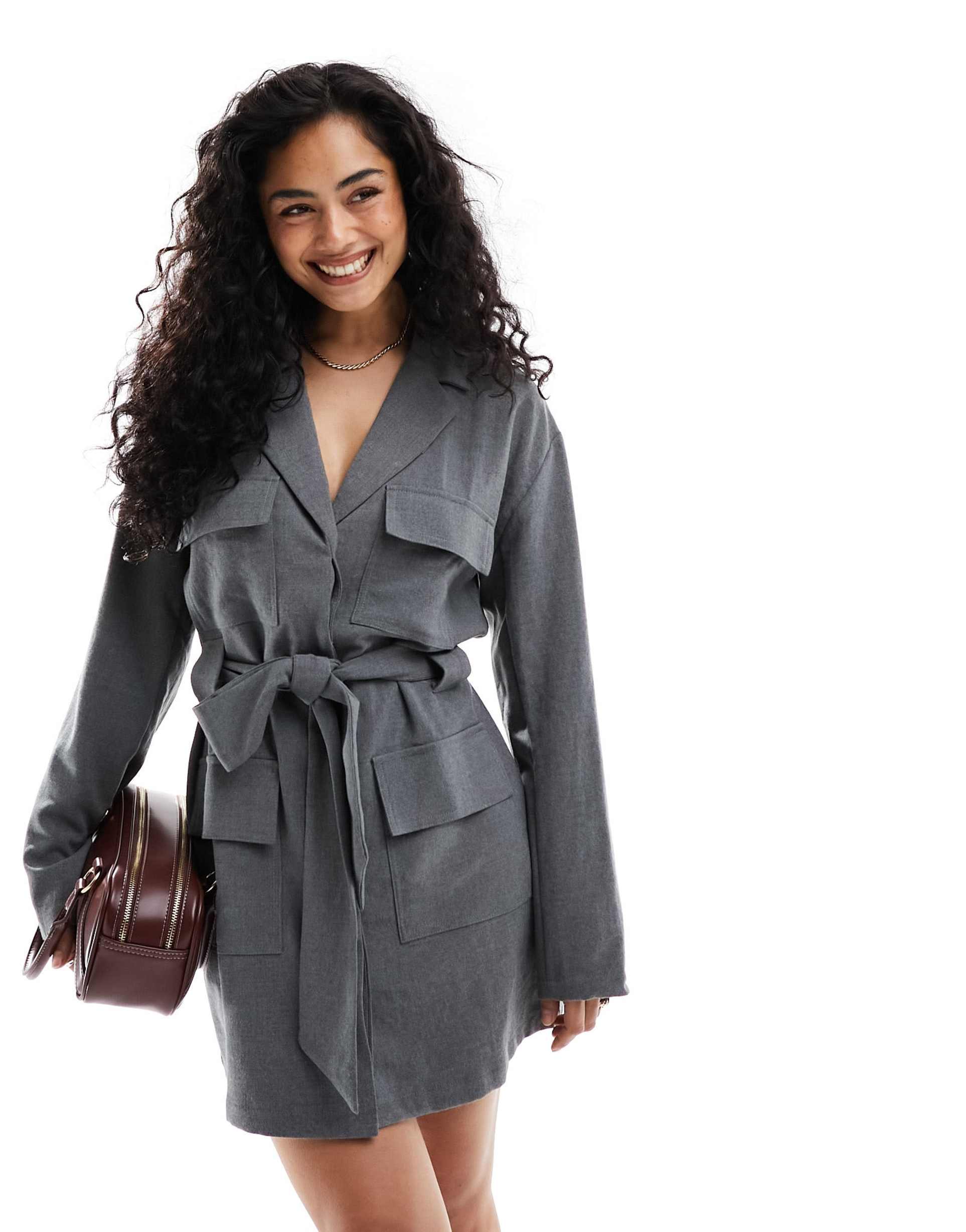 pretty lavish tailored cargo mini dress in gray