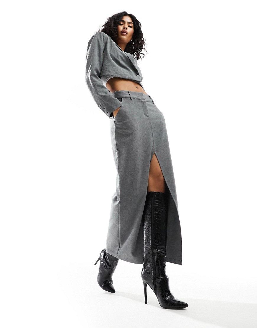 Pretty Lavish tailored maxi skirt co-ord in grey melange