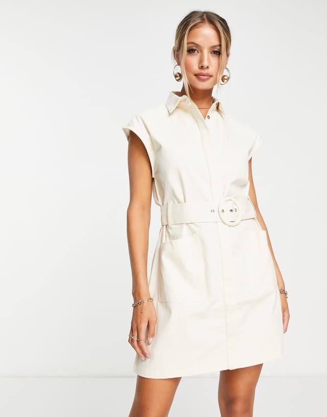 Pretty Lavish tailored mini dress with belt in cream