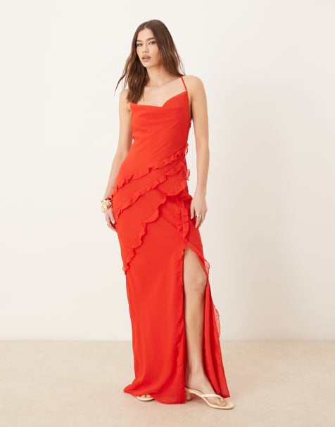 Pretty Lavish textured asymmetric ruffle maxi dress in bright red - view 1
