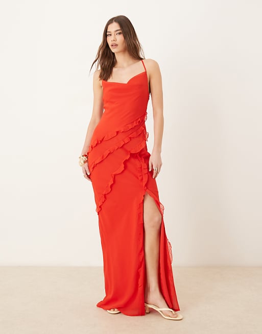 pretty red dresses Elegant V-Neck OverSkirt Lace Applique Prom Picture colors and custom color Silhouette Shop Red Dresses For Women