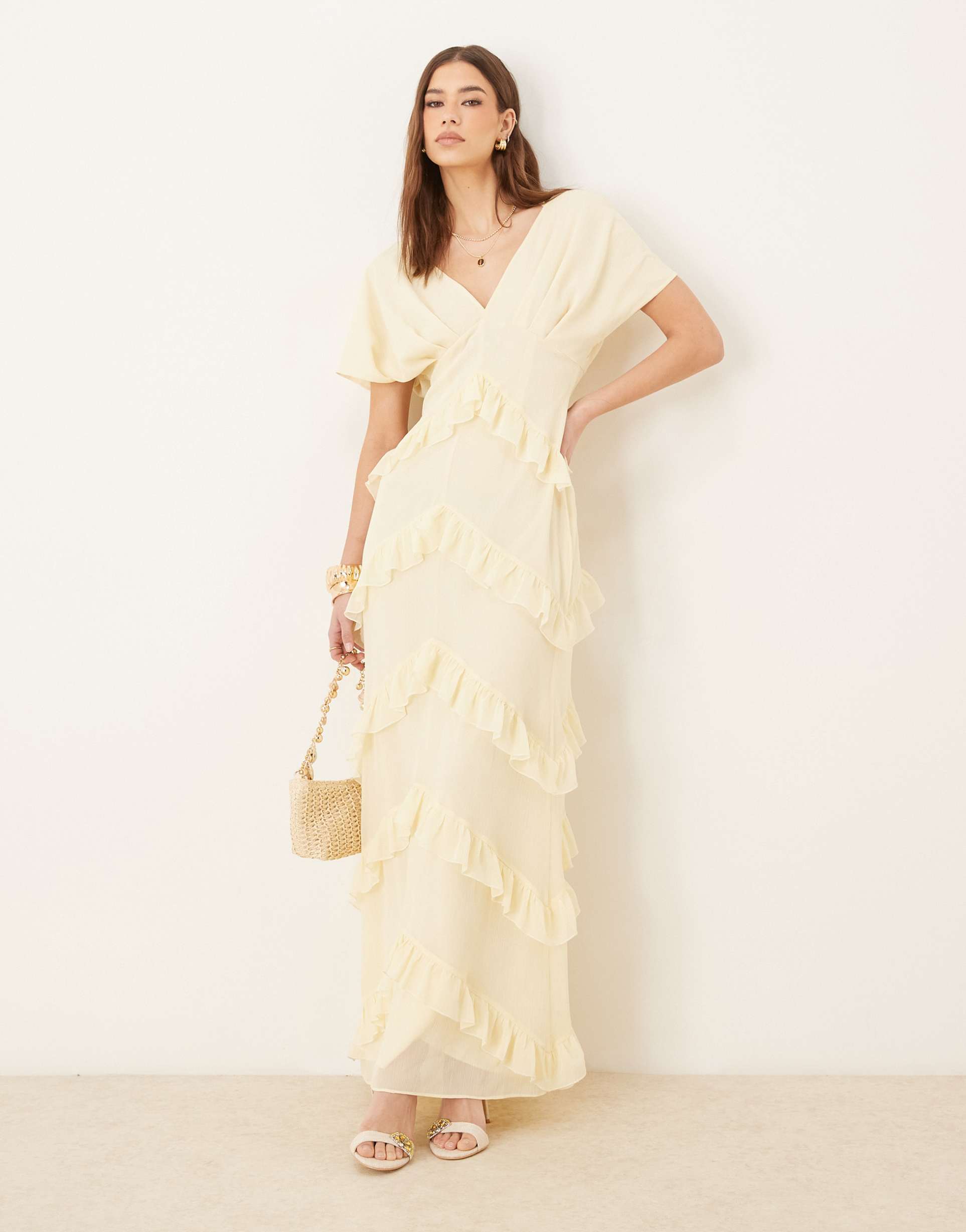 pretty lavish textured chiffon ruffle maxi dress in lemon