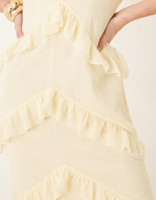 Pretty Lavish textured chiffon ruffle maxi dress in lemon, 4 of 4