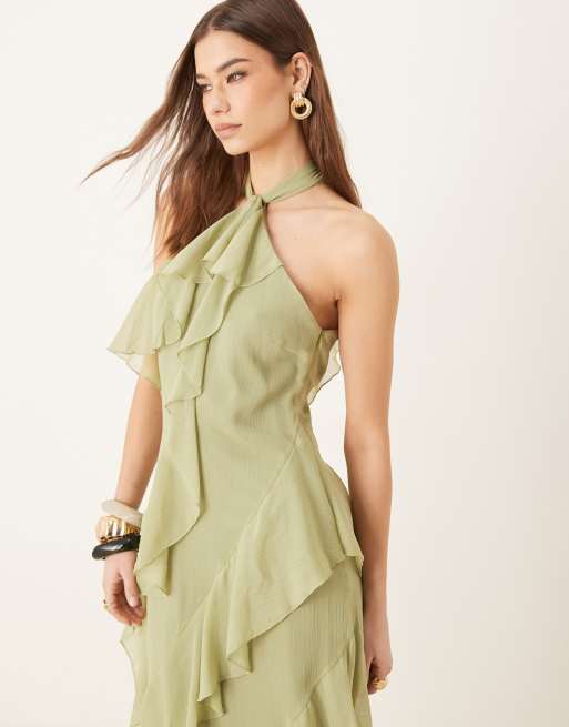 Pretty Lavish textured chiffon ruffle maxi dress in olive
