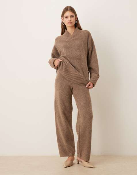 Pretty Lavish textured knit drawstring wide leg pants and sweater set in deep taupe - view 1
