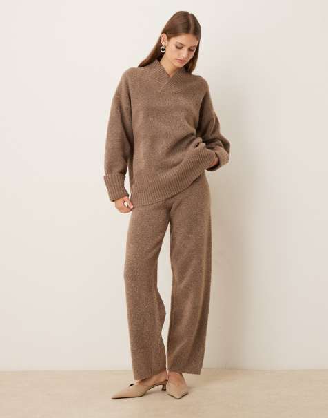 Pretty Lavish textured knit drawstring wide leg pants in deep taupe - part of a set - view 1