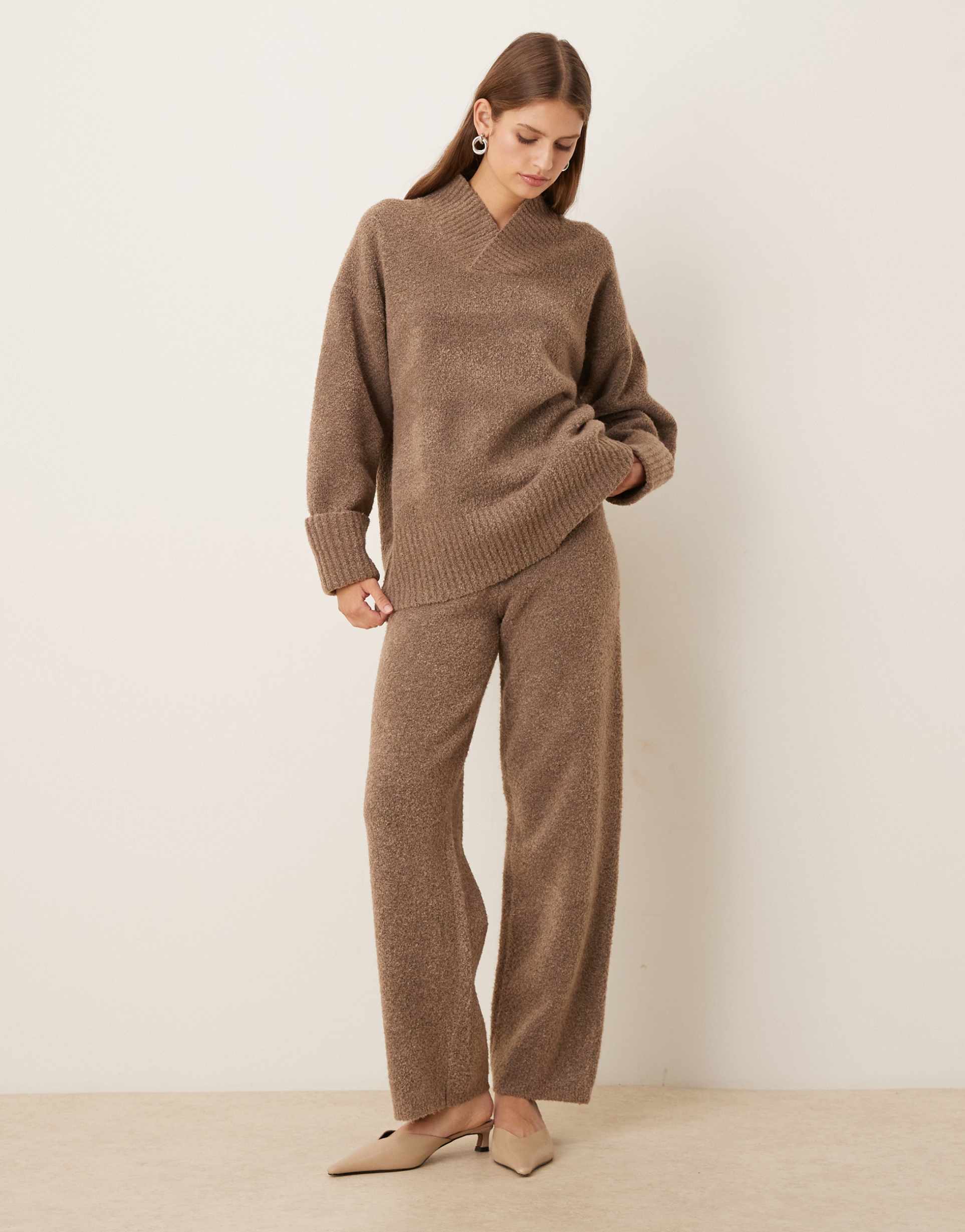 pretty lavish textured knit drawstring wide leg pants in deep taupe - part of a set