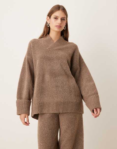 Pretty Lavish textured knit wrap high v neck sweater in deep taupe - part of a set - view 1