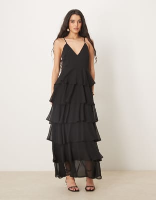 Pretty Lavish Textured Ruffle Maxi Dress In Black