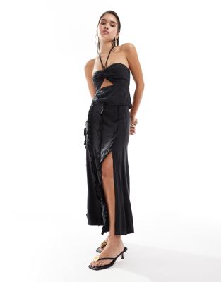 Pretty Lavish textured ruffle maxi skirt co-ord in black