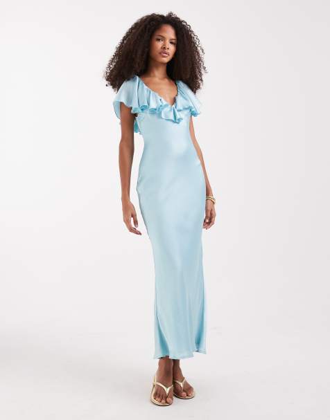 Pretty Lavish textured satin ruffle v neck maxi dress in soft aqua