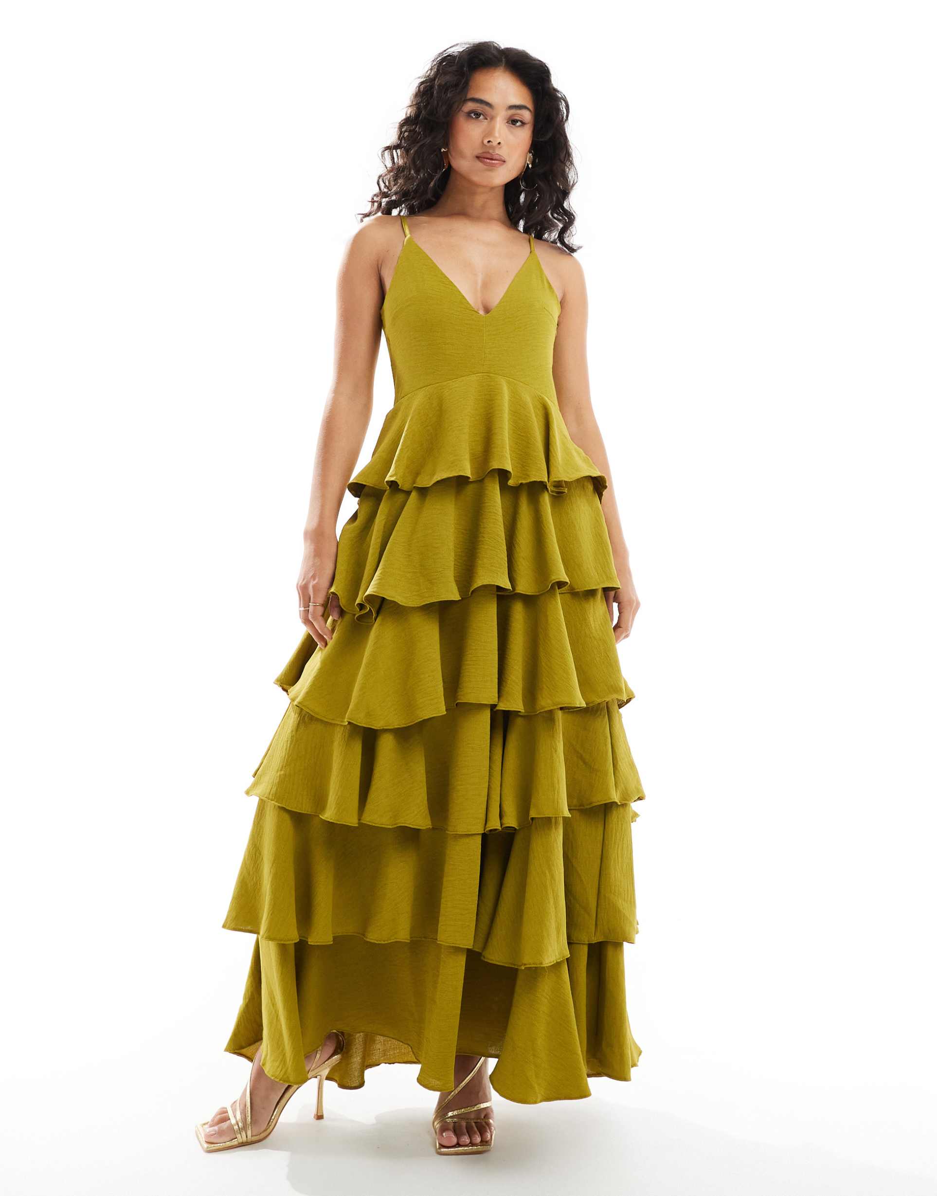 pretty lavish textured tiered maxi dress in chartreuse