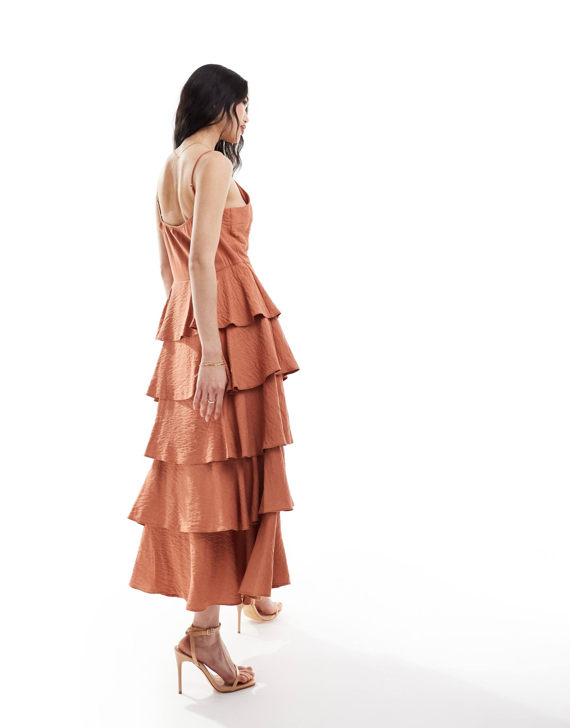 pretty lavish textured tiered midaxi dress in tan blush