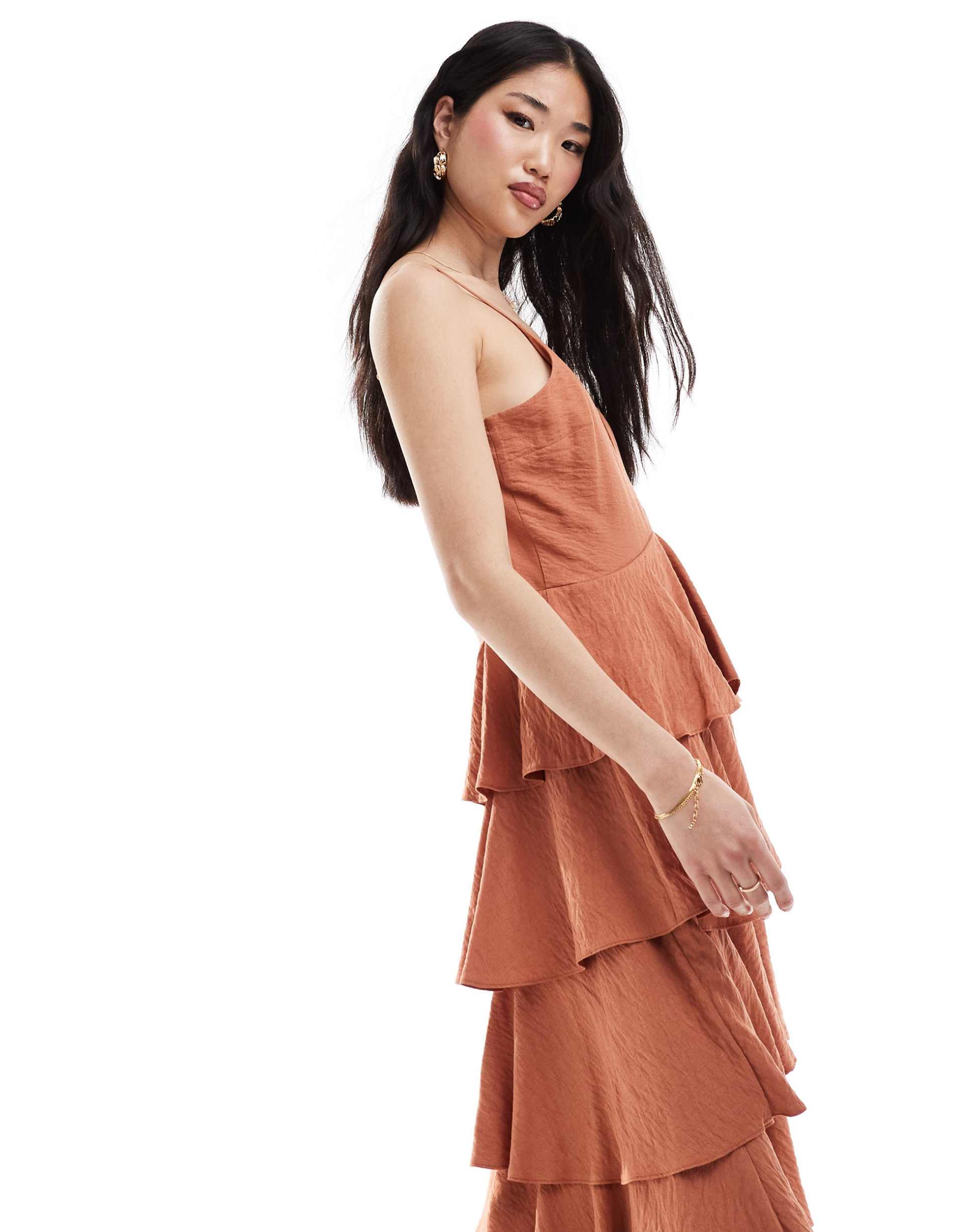 pretty lavish textured tiered midaxi dress in tan blush