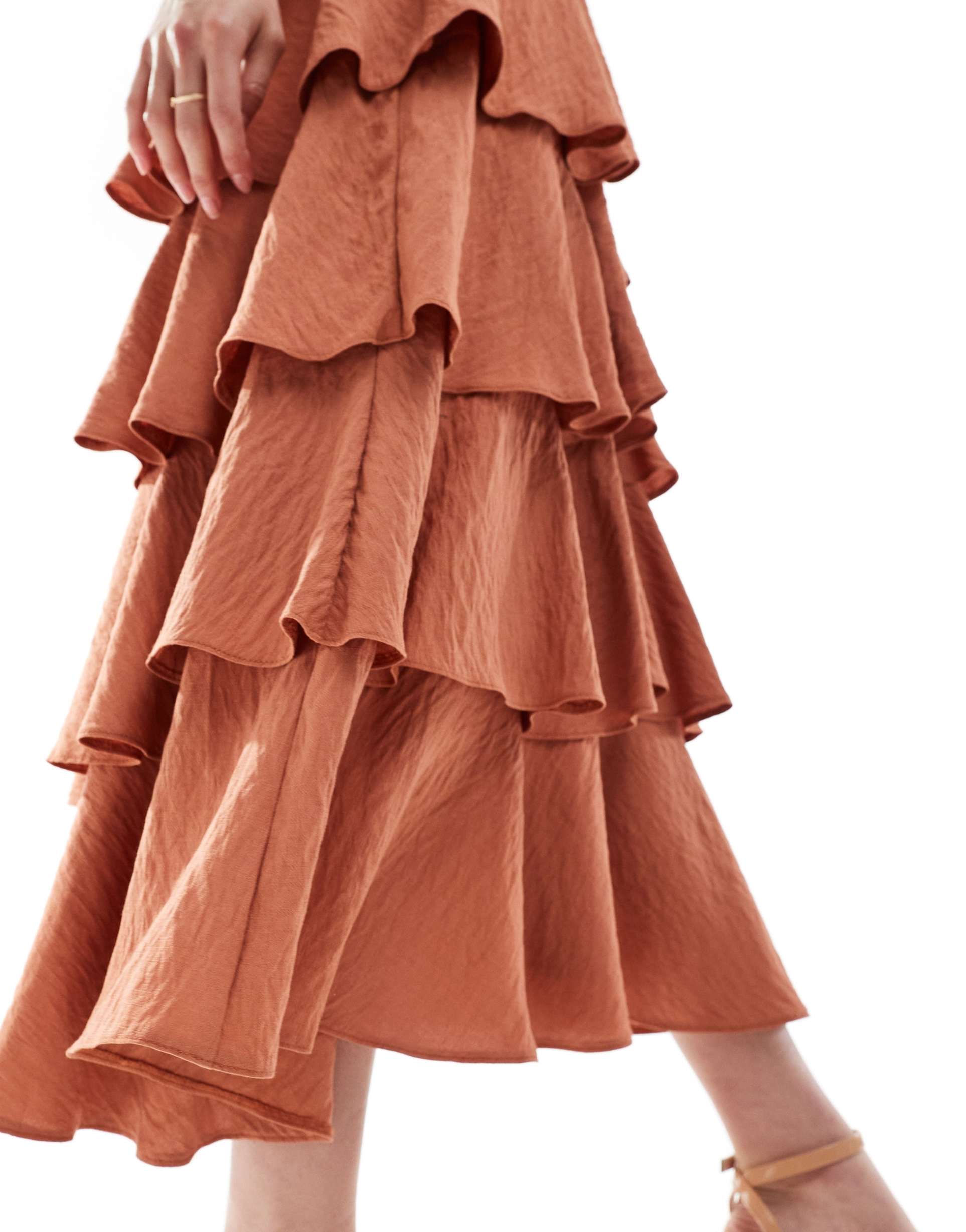 pretty lavish textured tiered midaxi dress in tan blush
