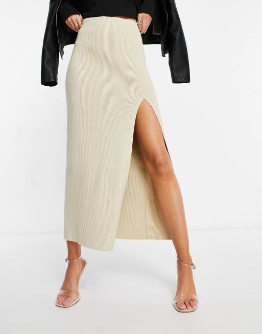 Pretty Lavish thigh split midi knit skirt in beige