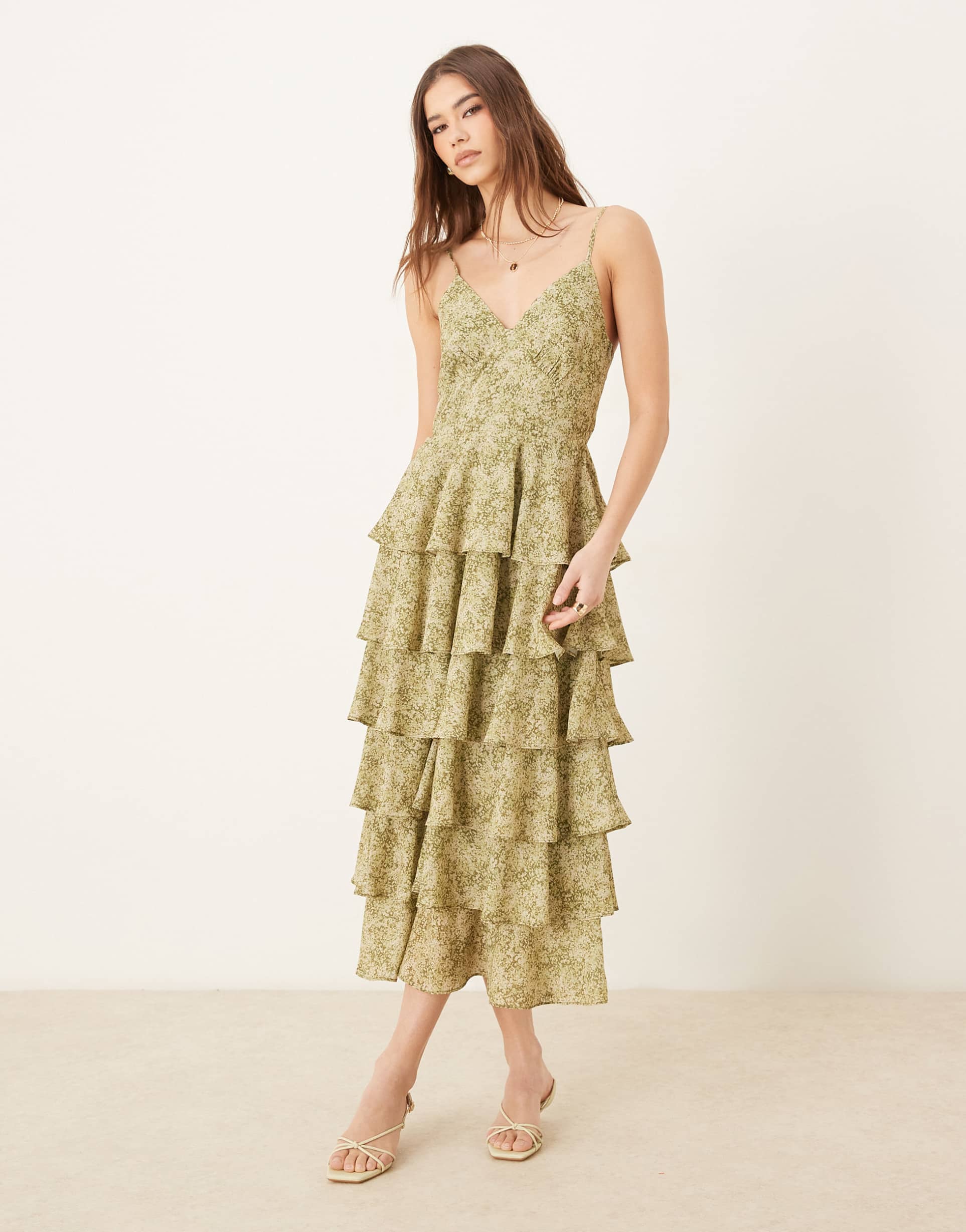 pretty lavish tie back ruffle midaxi dress in olive floral