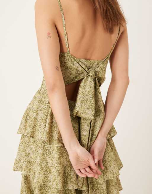 Pretty Lavish tie back ruffle midaxi dress in olive floral, 2 of 4