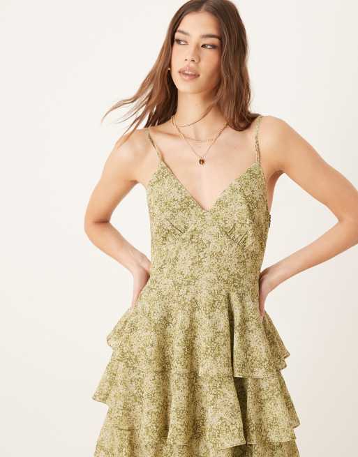 Pretty Lavish tie back ruffle midaxi dress in olive floral, 3 of 4