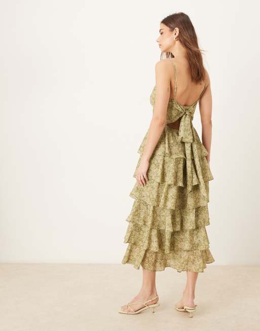 Pretty Lavish tie back ruffle midaxi dress in olive floral, 4 of 4