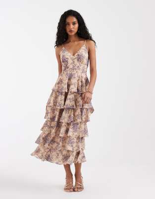 Pretty Lavish tie back ruffle midaxi dress in print in lilac floral