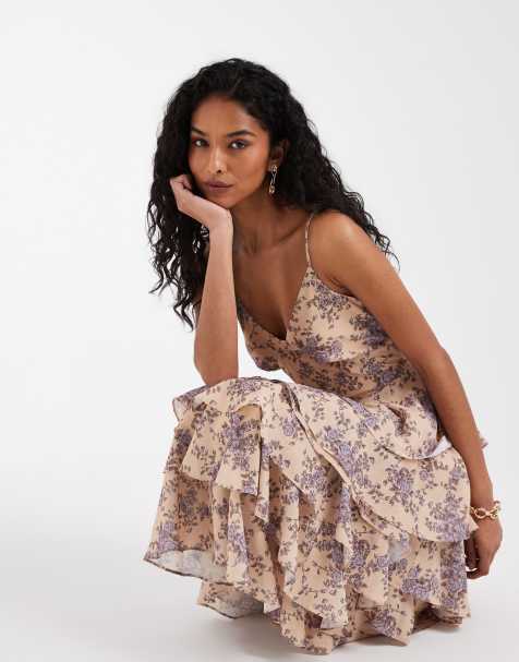 Pretty Lavish tie back ruffle midaxi dress in print in lilac floral