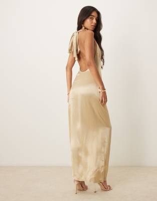 tie bow ruched maxi dress in gold