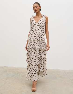 Pretty Lavish tie detail ruffle tiered maxi dress in brown polka dot