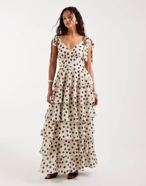 Pretty Lavish tie detail ruffle tiered maxi dress in cream with brown polka dots - view 1