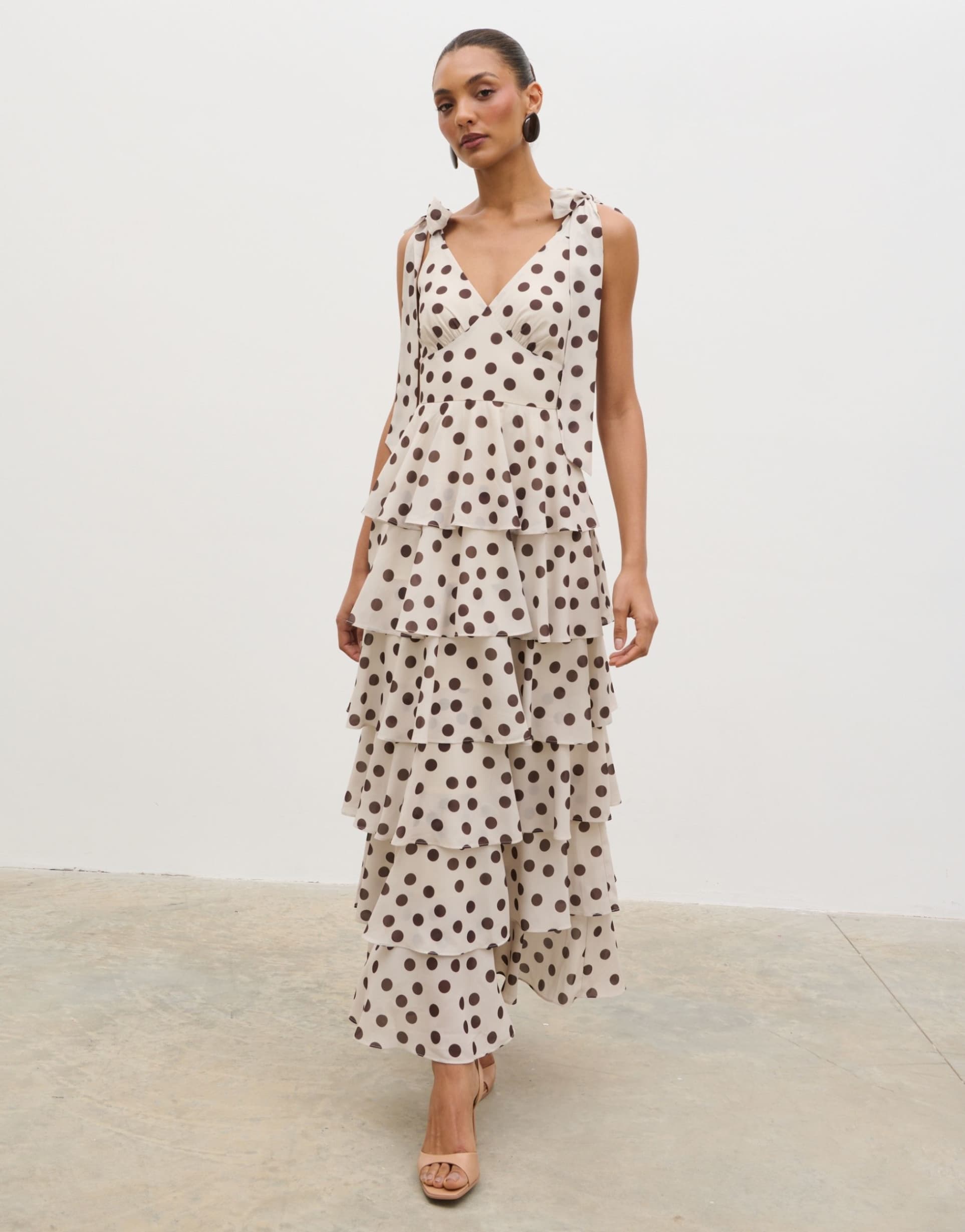 pretty lavish tie detail ruffle tiered maxi dress in cream with brown polka dots
