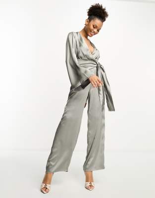 tie front jumpsuit with pockets in slate gray