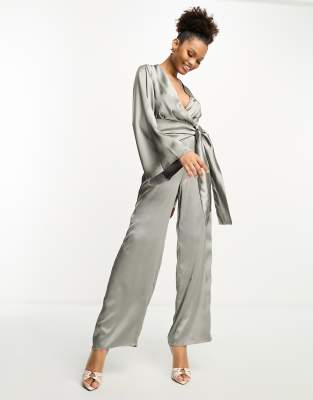 Pretty Lavish Tie Front Jumpsuit With Pockets In Slate Gray