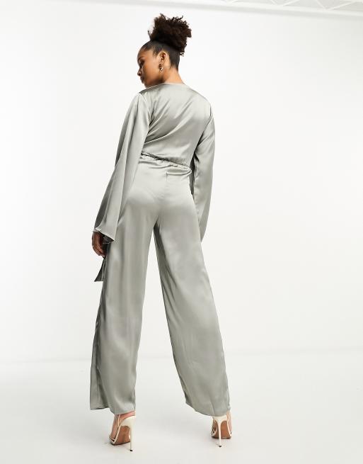 Pretty Lavish tie front jumpsuit with pockets in slate gray