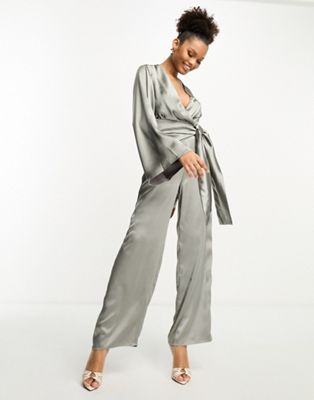 Pretty Lavish tie front jumpsuit with pockets in slate grey - ASOS Price Checker