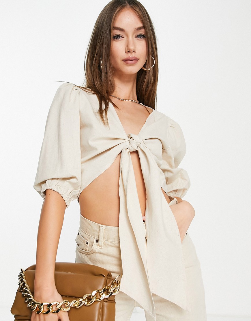 Pretty Lavish tie front puff sleeve linen blouse in sand - part of a set-Neutral
