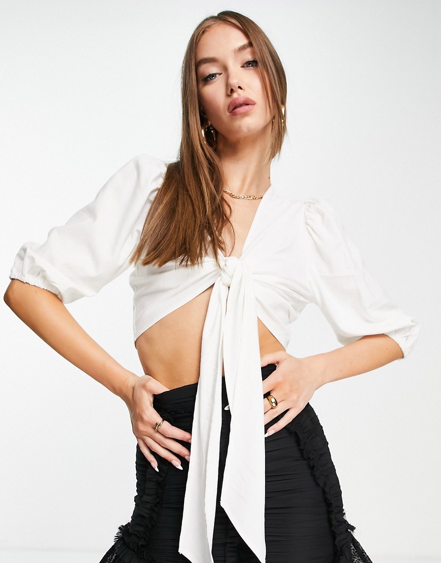 Pretty Lavish tie front puff sleeve linen blouse in white - part of a set