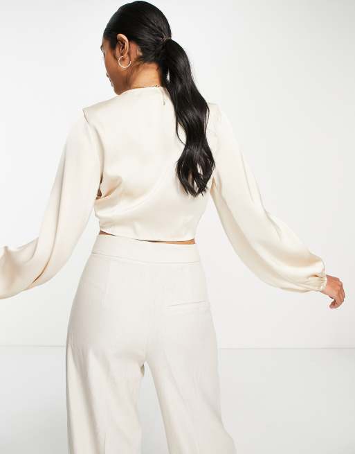 Pretty Lavish tie front satin blouse co-ord in cream