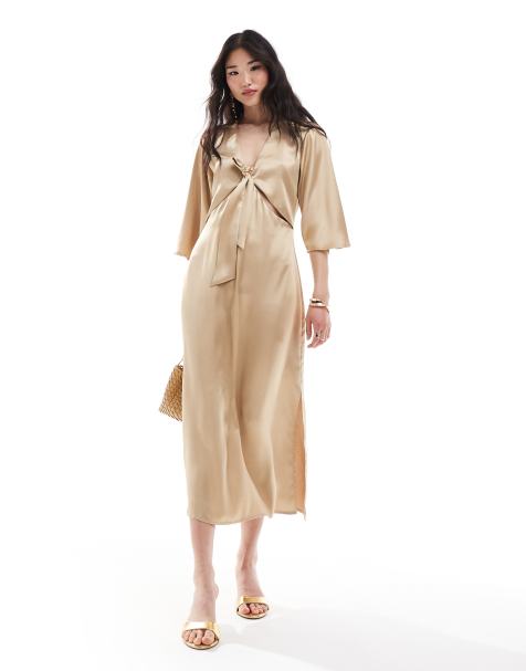 Pretty Lavish tie front satin midaxi dress in Irish cream - view 1